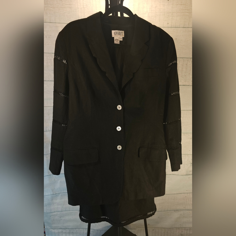 90s Apart Black Linen Blend Jacket And Skirt Set Size 12 Made In Hong Kong